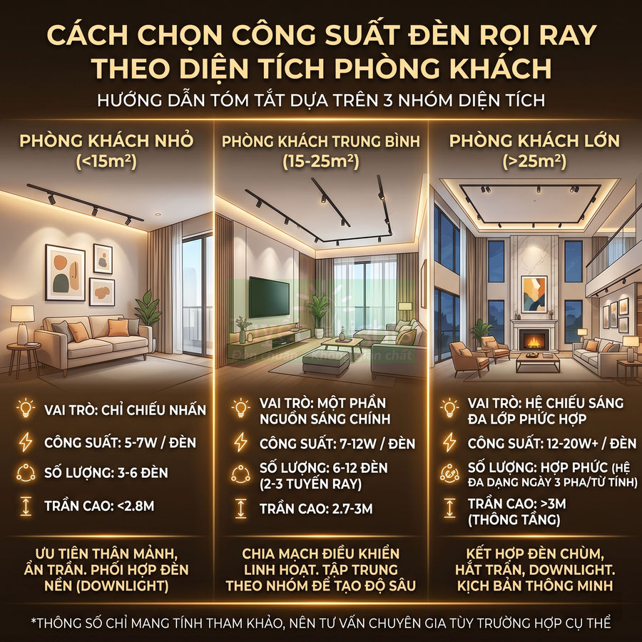 Hướng dẫn chọn công suất đèn rọi ray cho phòng khách nhỏ trung bình lớn theo diện tích và vai trò chiếu sáng