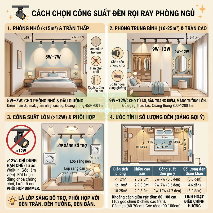 Hướng dẫn chọn công suất đèn rọi ray cho phòng ngủ theo diện tích, chiều cao trần và số lượng đèn gợi ý