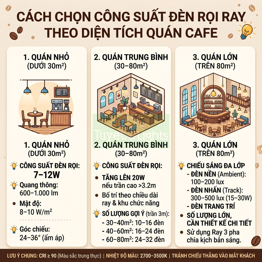 Hướng dẫn chọn công suất đèn rọi ray cho quán cafe nhỏ, trung bình và lớn theo diện tích quán