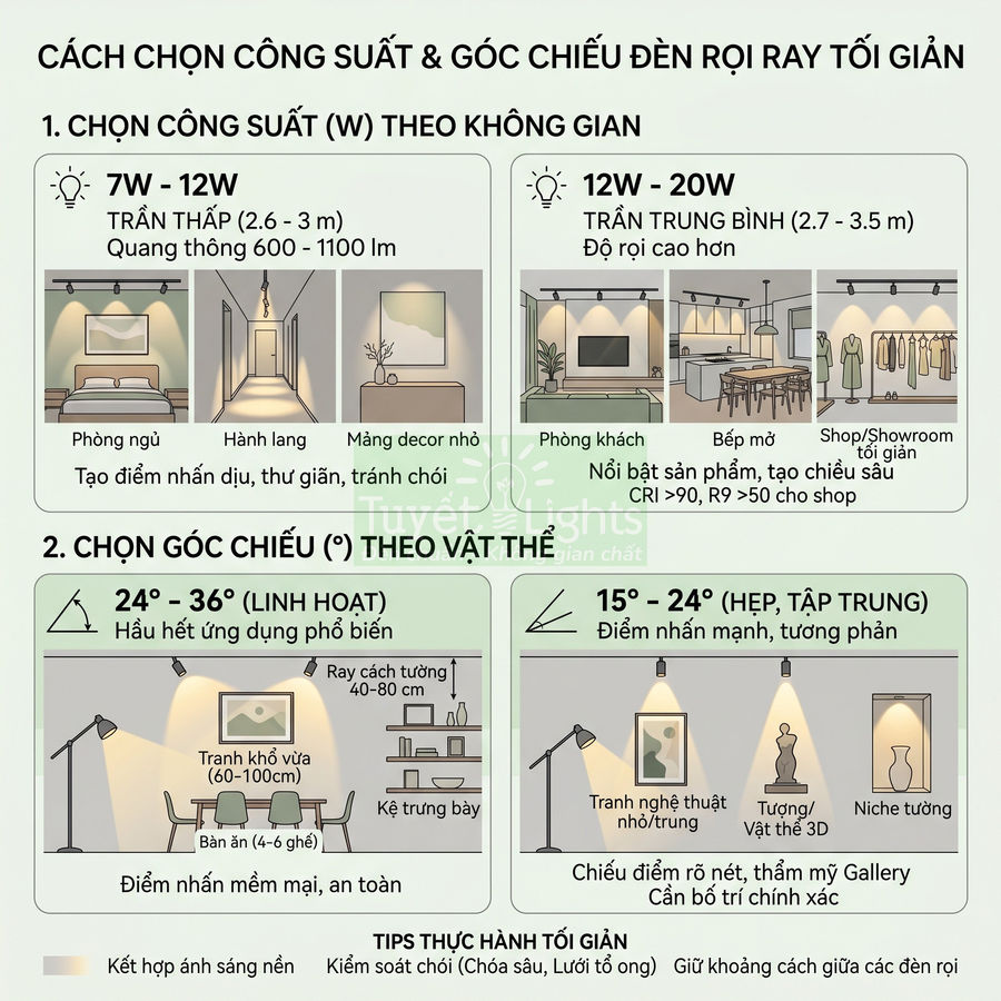 Hướng dẫn chọn công suất và góc chiếu đèn rọi ray tối giản cho phòng ngủ, phòng khách, bếp và shop trưng bày sản phẩm