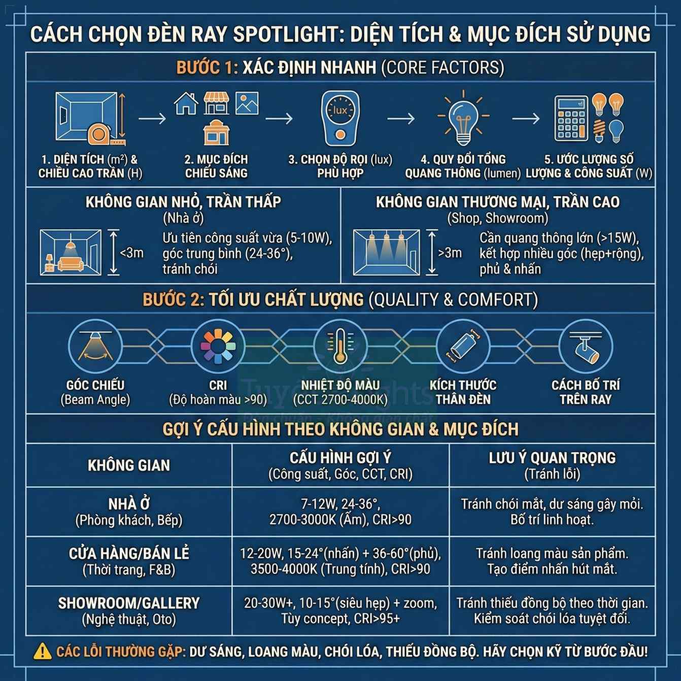 Hướng dẫn chọn đèn ray spotlight theo diện tích, mục đích sử dụng và cấu hình chiếu sáng phù hợp