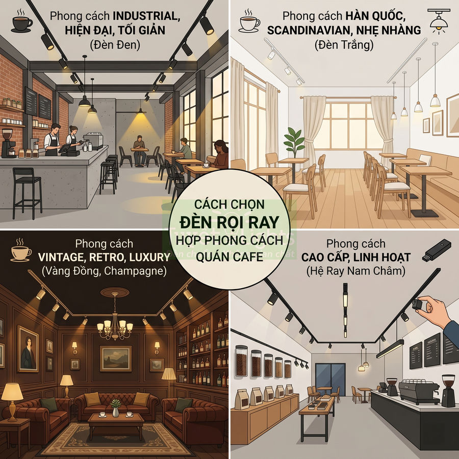 Minh họa các kiểu đèn rọi ray cho quán cafe theo phong cách industrial, Hàn Quốc, vintage và cao cấp linh hoạt