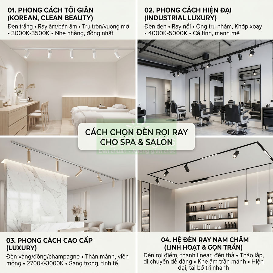 Cách chọn đèn rọi ray cho spa salon với bốn phong cách nội thất tối giản hiện đại cao cấp và hệ đèn ray nam châm