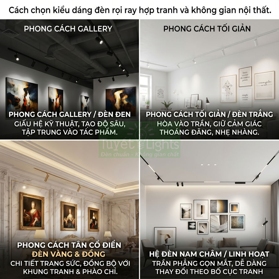 Các mẫu đèn rọi ray gallery, tối giản, tân cổ điển và nam châm chiếu tranh treo tường trong phòng khách