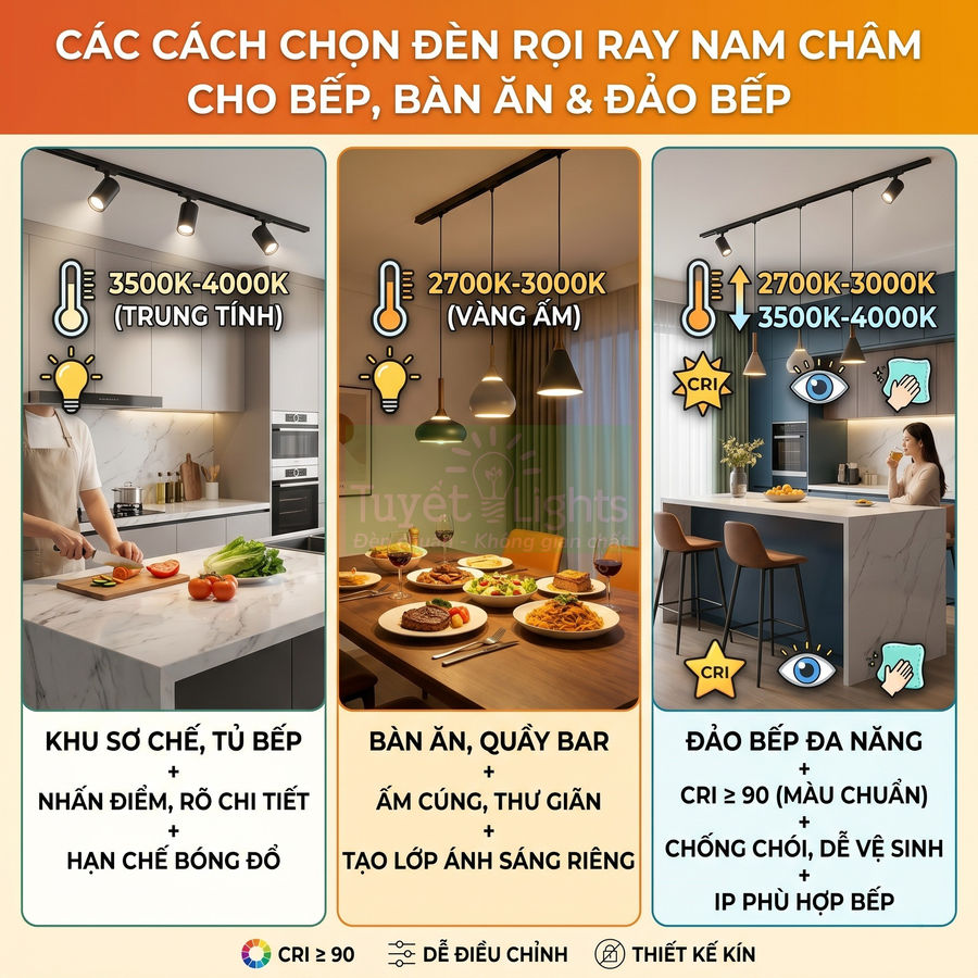 Cách chọn đèn rọi ray nam châm cho bếp, bàn ăn và đảo bếp với các mức nhiệt màu khác nhau