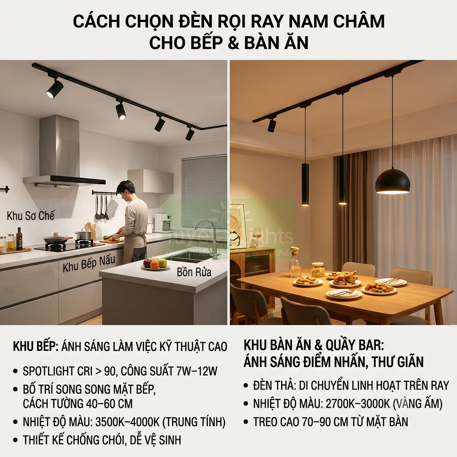 Đèn rọi ray nam châm chiếu sáng khu bếp và bàn ăn hiện đại trong căn hộ gia đình