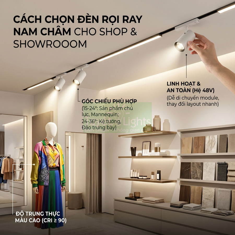 Đèn rọi ray nam châm chiếu sáng shop thời trang với mannequin và kệ trưng bày vải gỗ