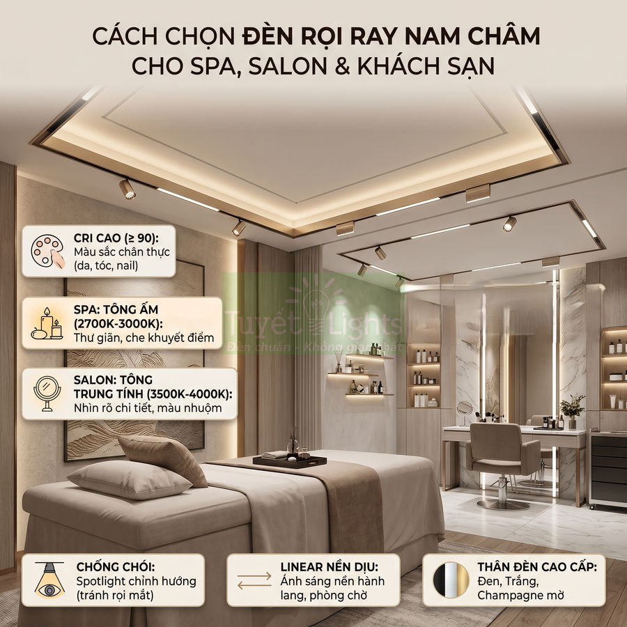 Đèn rọi ray nam châm chiếu sáng phòng spa cao cấp với giường massage và nội thất sang trọng