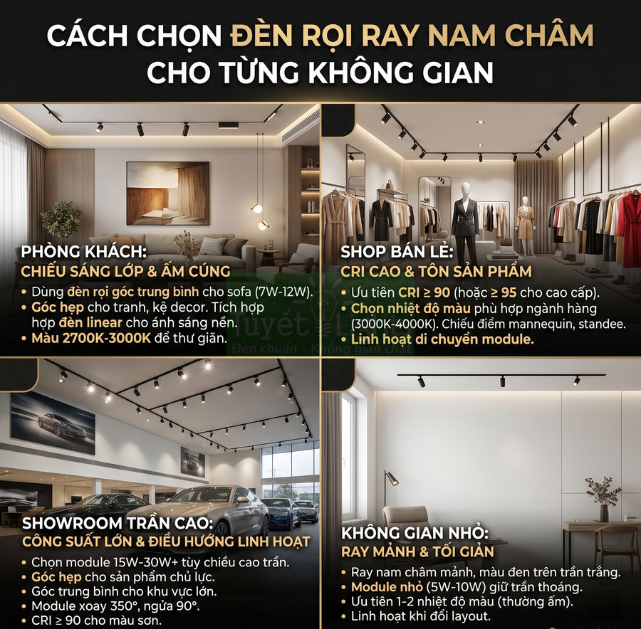 Hướng dẫn chọn đèn rọi ray nam châm cho phòng khách, shop bán lẻ, showroom trần cao và không gian nhỏ