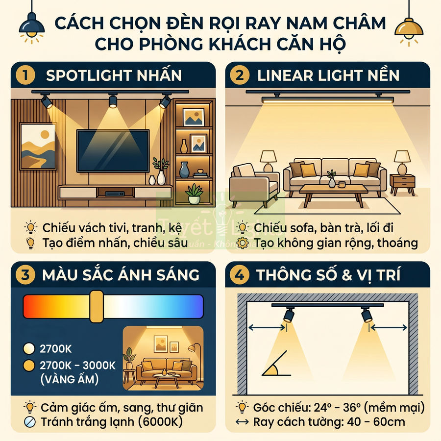 Hướng dẫn chọn đèn rọi ray nam châm cho phòng khách căn hộ với spotlight, linear light, màu ánh sáng và vị trí lắp đặt