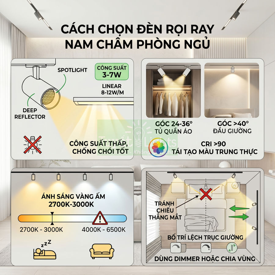 Hướng dẫn chọn đèn rọi ray nam châm cho phòng ngủ với công suất, góc chiếu và nhiệt độ màu phù hợp