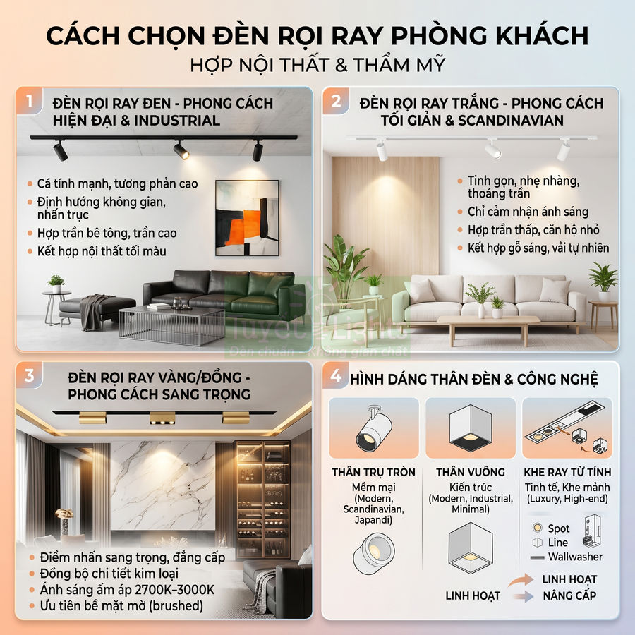 Hướng dẫn chọn đèn rọi ray phòng khách với các phong cách nội thất và kiểu dáng đèn khác nhau