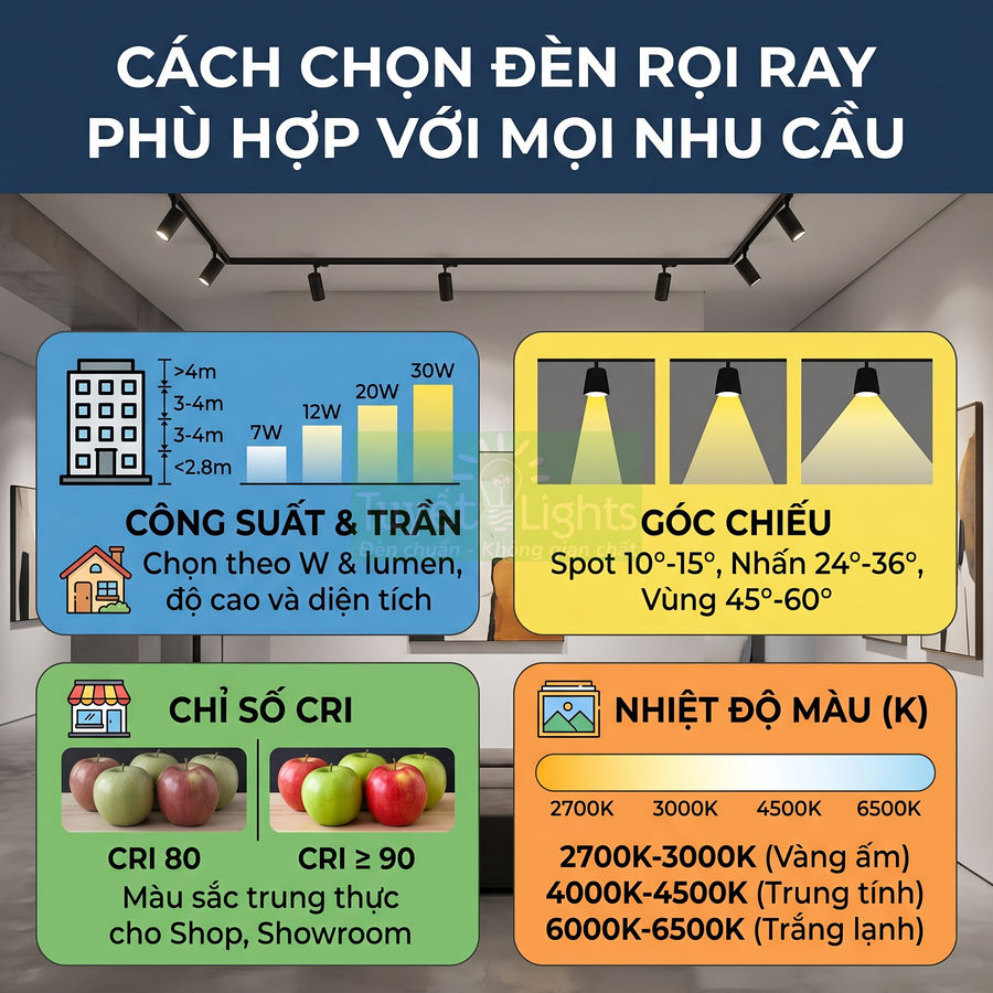 Hướng dẫn chọn đèn rọi ray cho phòng trưng bày với thông số công suất, góc chiếu, chỉ số CRI và nhiệt độ màu