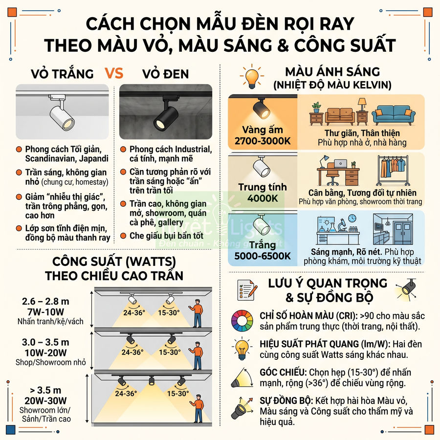 Hướng dẫn chọn đèn rọi ray theo màu vỏ, màu ánh sáng Kelvin và công suất phù hợp từng không gian