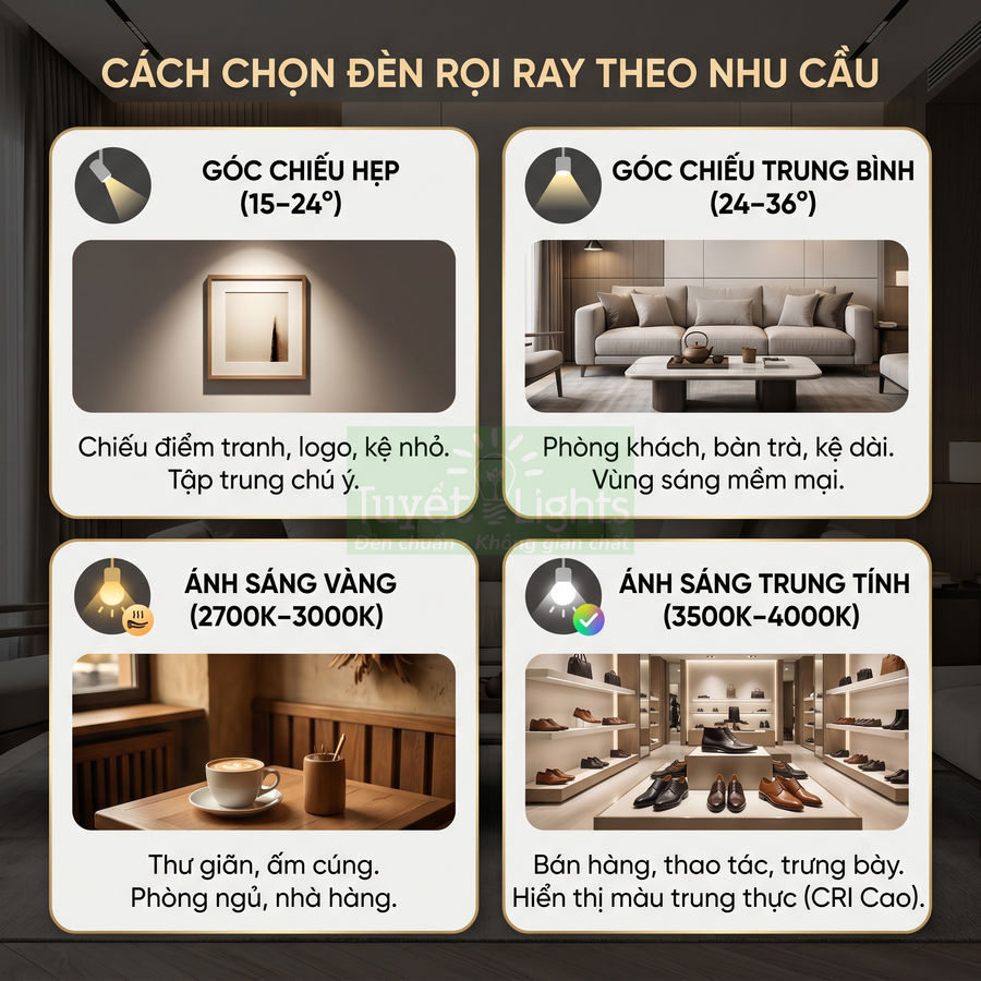 Hướng dẫn chọn đèn rọi ray theo góc chiếu và nhiệt độ màu cho phòng khách, phòng ngủ, nhà hàng, cửa hàng