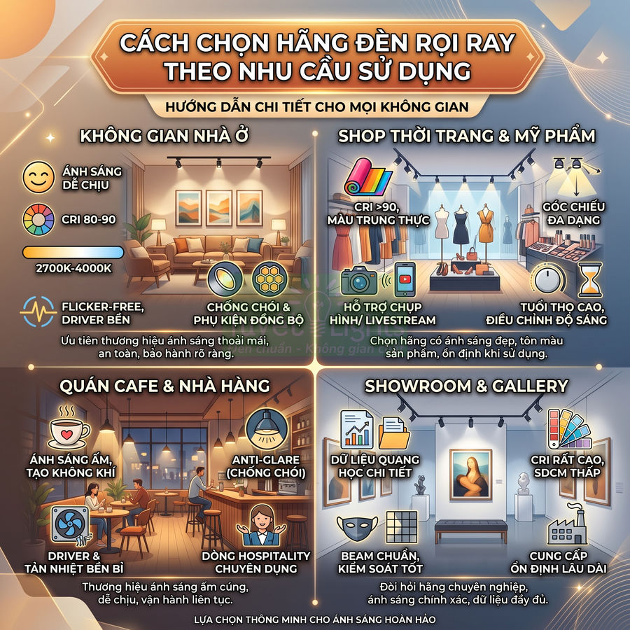 Infographic hướng dẫn chọn đèn rọi ray cho nhà ở, shop thời trang, quán cafe, showroom và gallery