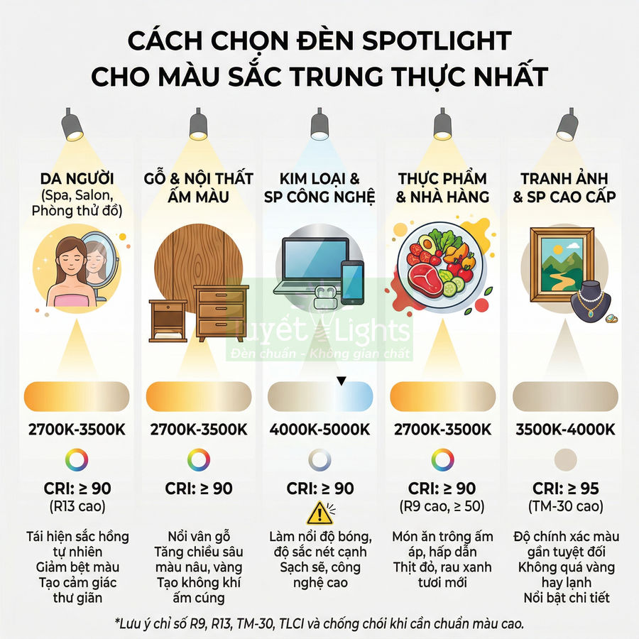 Hướng dẫn chọn đèn spotlight Tuyết Lights cho da người, nội thất, công nghệ, thực phẩm và tranh ảnh theo nhiệt độ màu