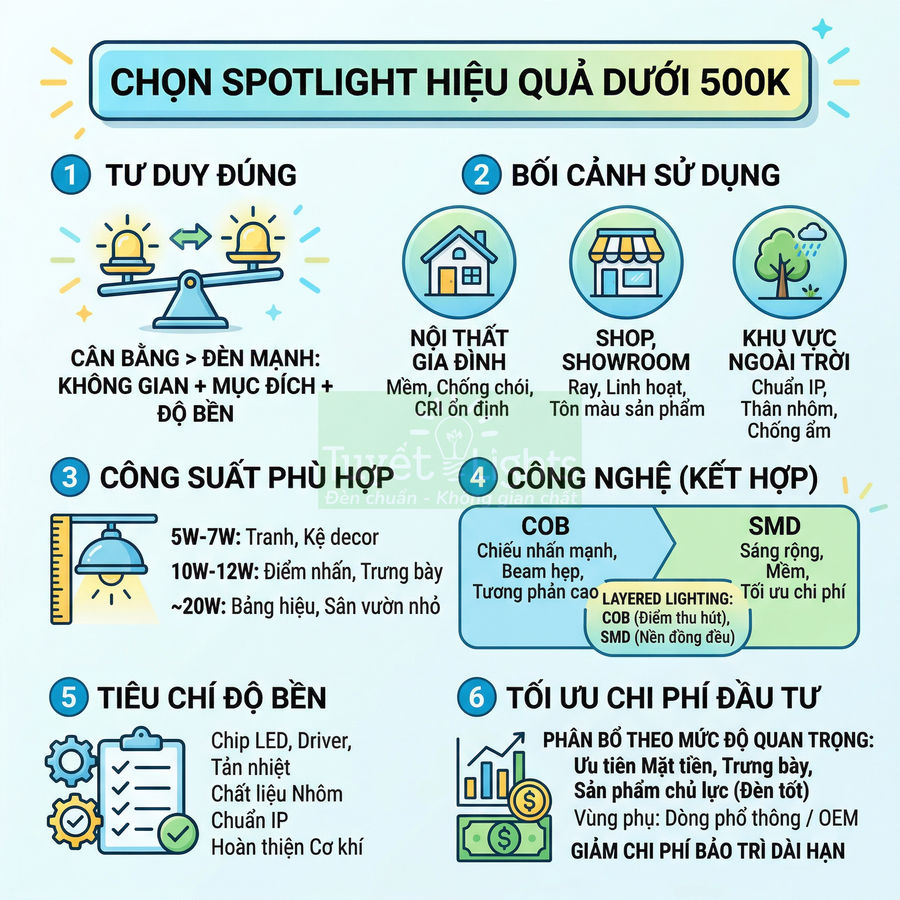 Cách chọn đèn spotlight phù hợp ngân sách dưới 500k