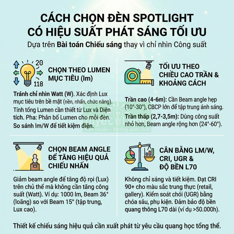 Hướng dẫn chọn đèn spotlight LED hiệu suất cao theo lumen, beam angle, chiều cao trần và chỉ số CRI, UGR
