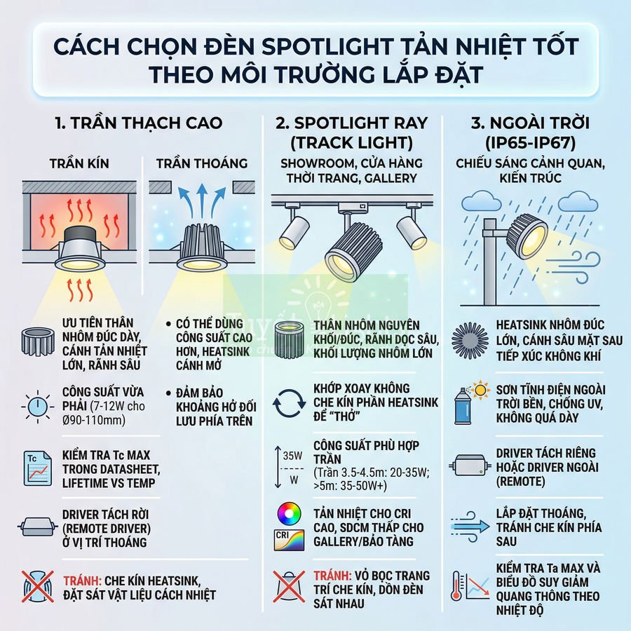 Hướng dẫn chọn đèn spotlight tản nhiệt tốt cho trần thạch cao, ray chiếu sáng và đèn ngoài trời IP65 IP67