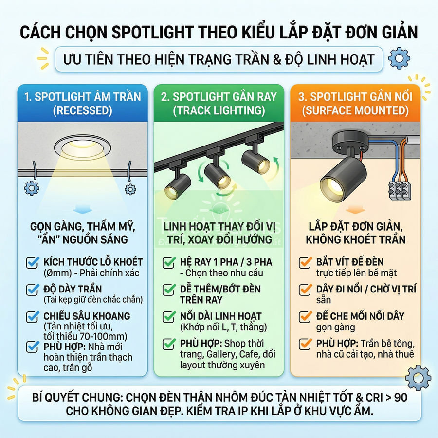 Hướng dẫn chọn đèn spotlight âm trần, gắn ray và gắn nổi theo kiểu lắp đặt và không gian sử dụng