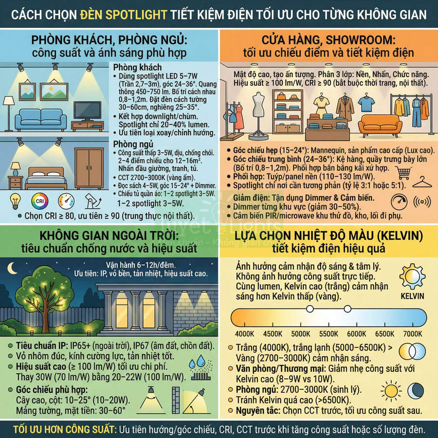 Hướng dẫn chọn đèn spotlight tiết kiệm điện cho phòng khách, phòng ngủ, cửa hàng và không gian ngoài trời