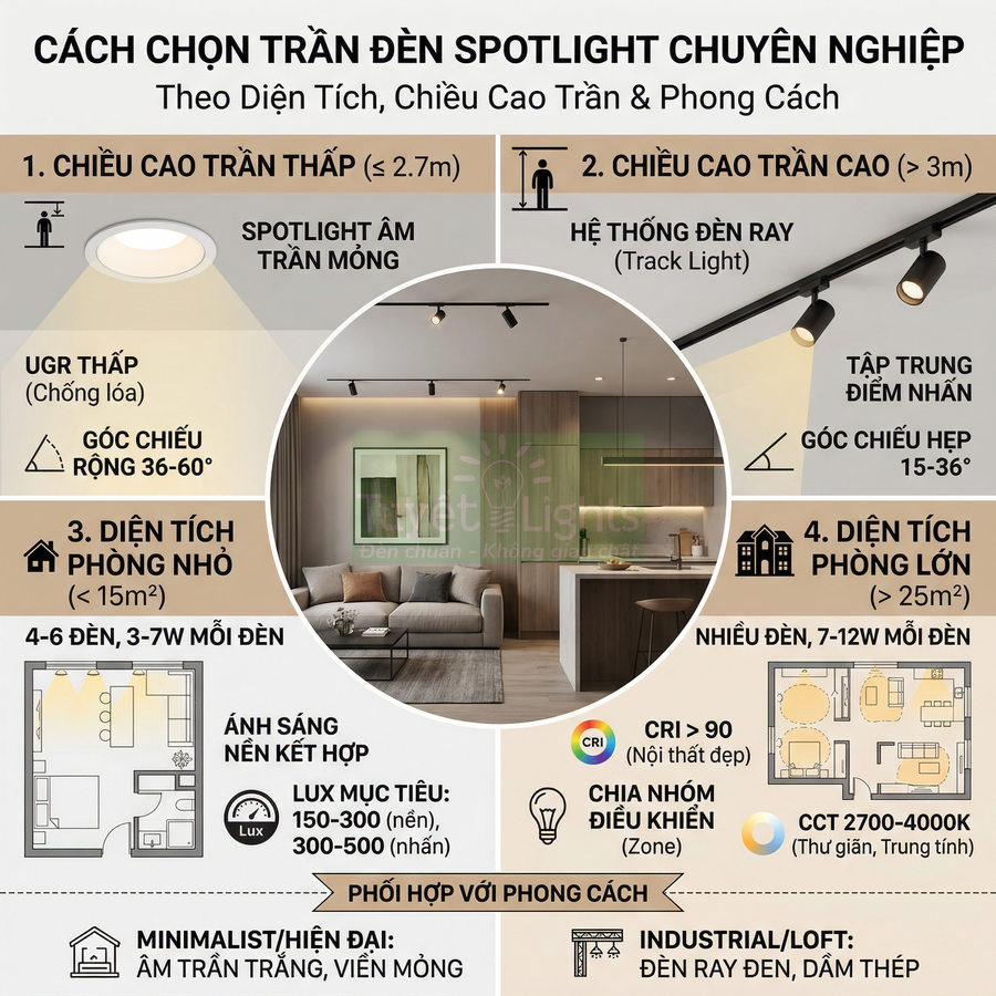 Hướng dẫn chọn trần đèn spotlight chuyên nghiệp theo chiều cao trần, diện tích phòng và phong cách nội thất