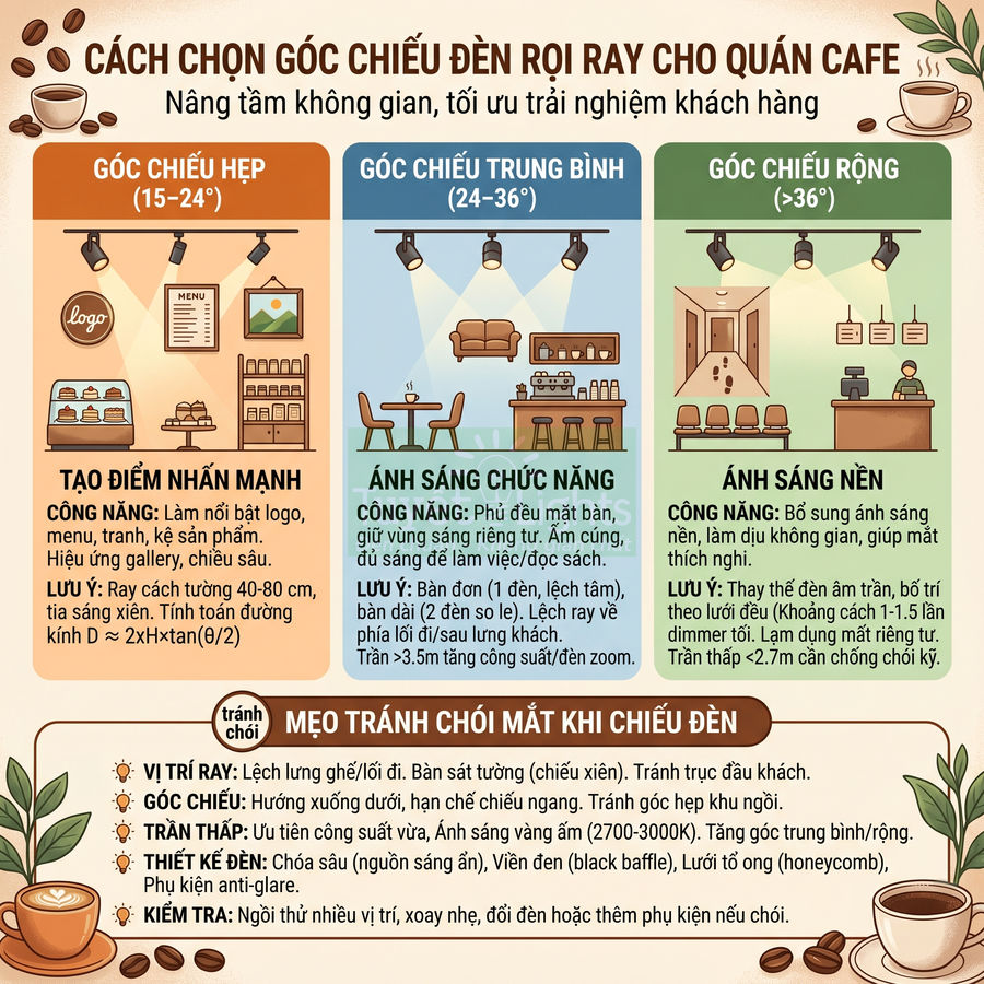 Infographic hướng dẫn chọn góc chiếu đèn rọi ray cho quán cafe và mẹo tránh chói mắt khi chiếu đèn