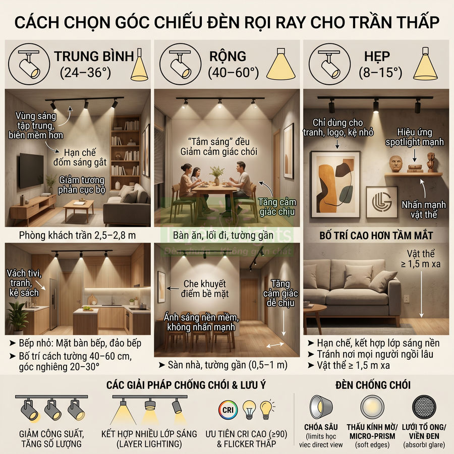 Hướng dẫn chọn góc chiếu đèn rọi ray cho trần thấp với ví dụ chiếu sáng phòng khách, bếp, bàn ăn, hành lang