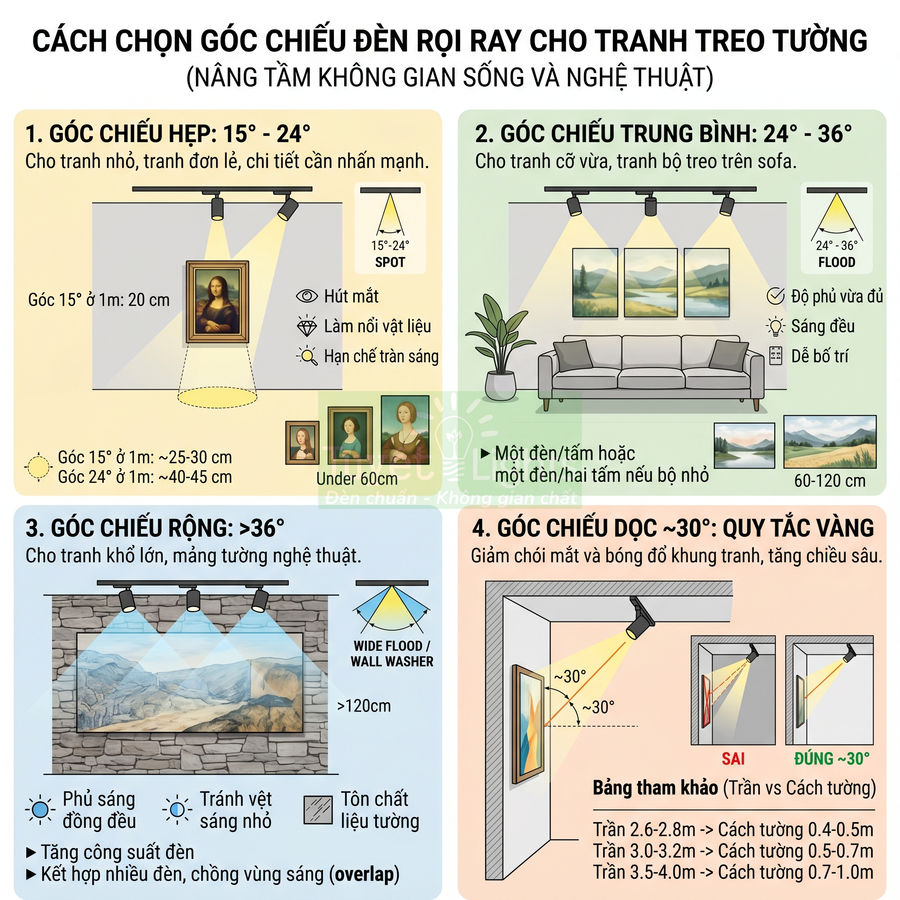 Hướng dẫn chọn góc chiếu đèn rọi ray cho tranh treo tường với ví dụ minh họa phòng khách và phòng trưng bày