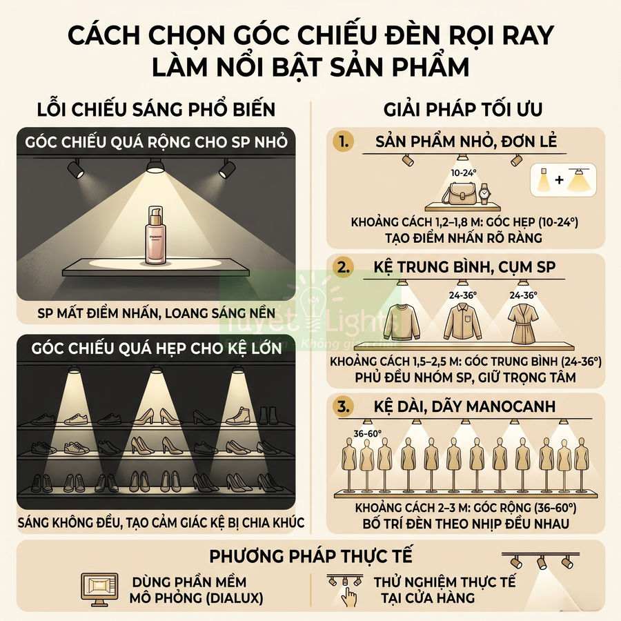 Hướng dẫn chọn góc chiếu đèn rọi ray để làm nổi bật sản phẩm trưng bày trong cửa hàng