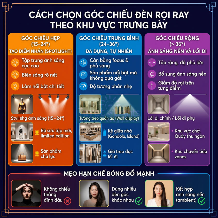 Hướng dẫn chọn góc chiếu đèn rọi ray cho từng khu vực trưng bày và mẹo hạn chế bóng đổ mạnh