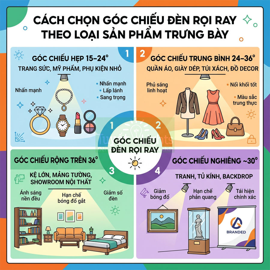Hướng dẫn chọn góc chiếu đèn rọi ray cho trang sức, quần áo, nội thất, tranh và tủ kính trưng bày