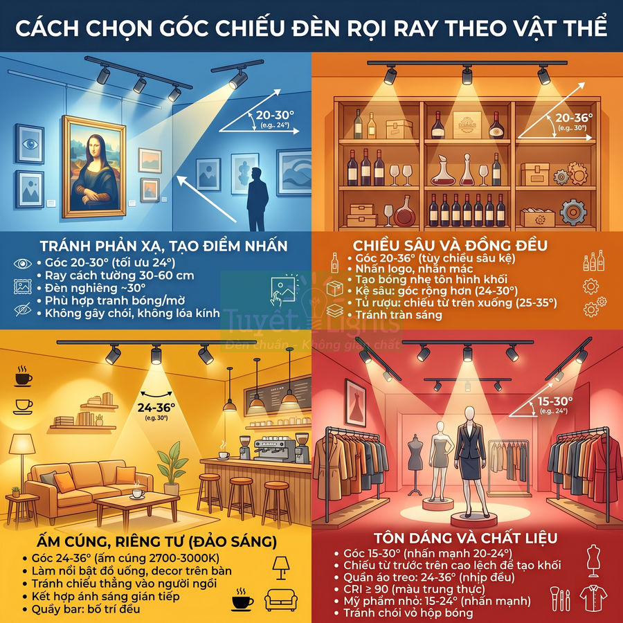 Hướng dẫn chọn góc chiếu đèn rọi ray cho tranh, tủ rượu, phòng khách và cửa hàng thời trang