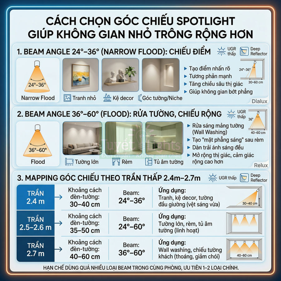 Hướng dẫn chọn góc chiếu đèn spotlight beam 24–60 độ cho trần thấp giúp không gian nhỏ trông rộng hơn