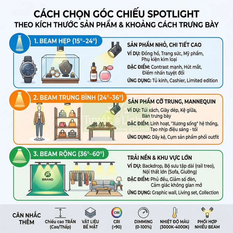 Hướng dẫn chọn góc chiếu đèn spotlight cho đồng hồ, trang sức, túi xách, giày dép và không gian trưng bày