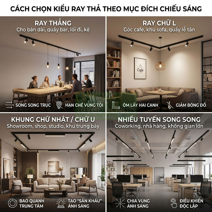 Các kiểu ray đèn thả trần cho phòng ăn, quán cafe, phòng khách, showroom và văn phòng coworking
