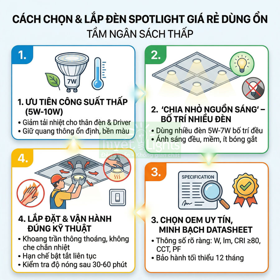Hướng dẫn chọn và lắp đèn spotlight giá rẻ công suất thấp 5W 10W cho trần nhà tiết kiệm điện