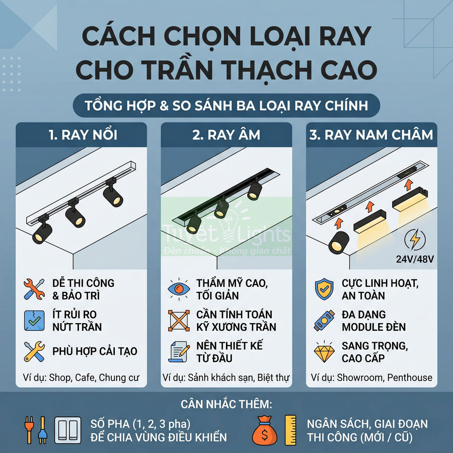 Hướng dẫn chọn ray đèn cho trần thạch cao gồm ray nổi, ray âm và ray nam châm cho nhiều không gian