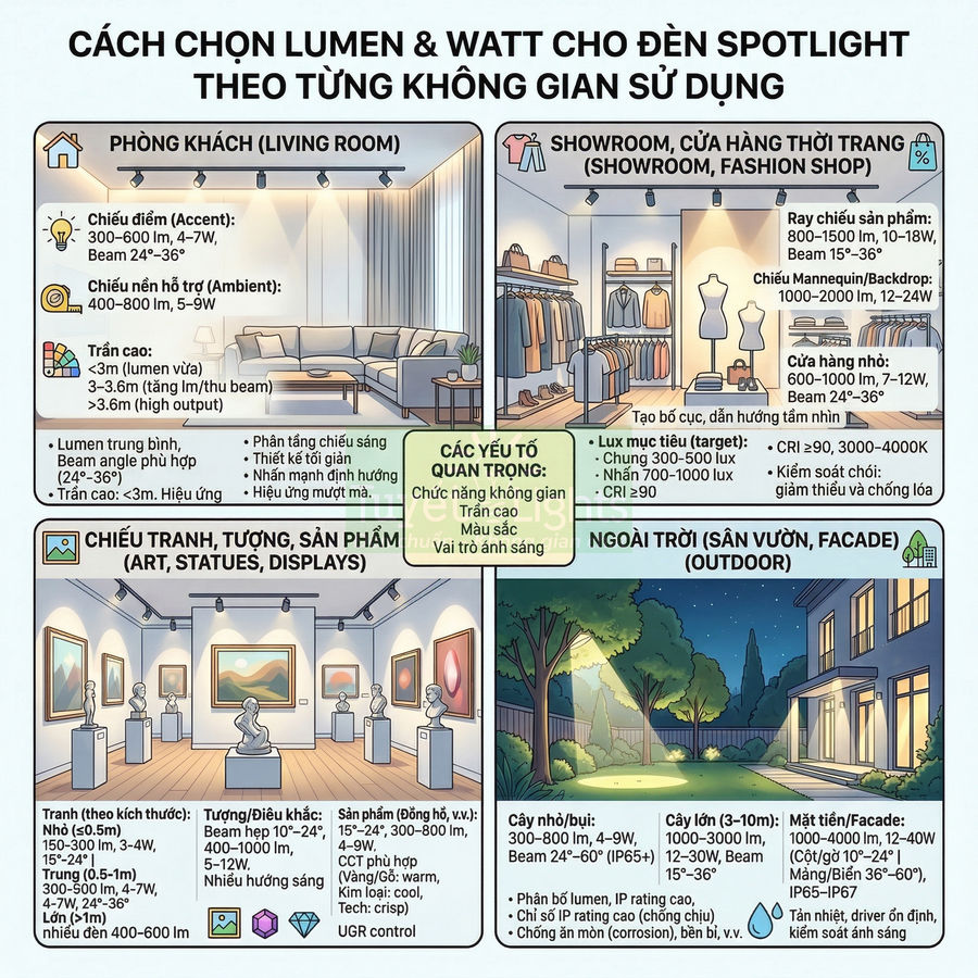 Hướng dẫn chọn lumen và watt cho đèn spotlight theo từng không gian: phòng khách, showroom, trưng bày và ngoài trời