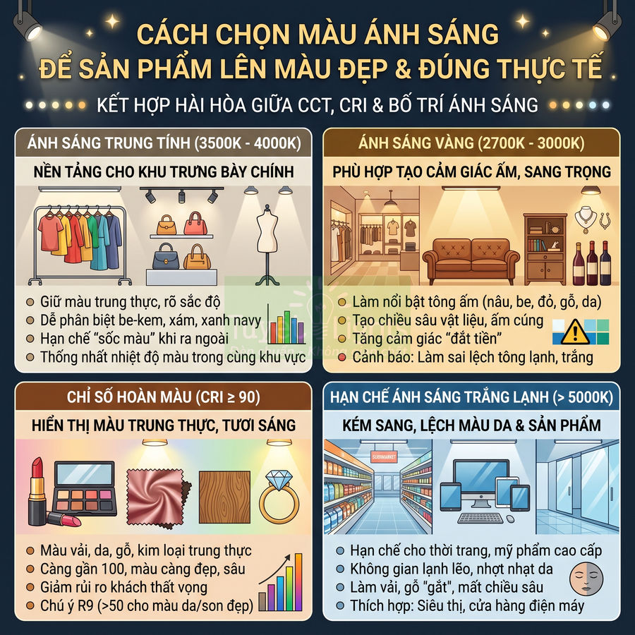 Infographic hướng dẫn chọn màu ánh sáng chiếu cho sản phẩm thời trang, mỹ phẩm và siêu thị trưng bày đẹp, đúng màu