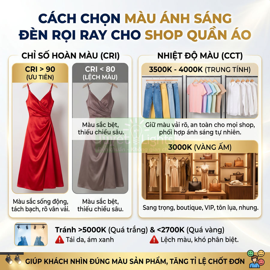 Hướng dẫn chọn màu ánh sáng đèn rọi ray cho shop quần áo để làm nổi bật màu vải và sản phẩm trưng bày