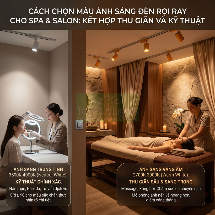 Đèn rọi ray cho spa salon với hai tông ánh sáng trung tính và vàng ấm trong phòng chăm sóc da và massage