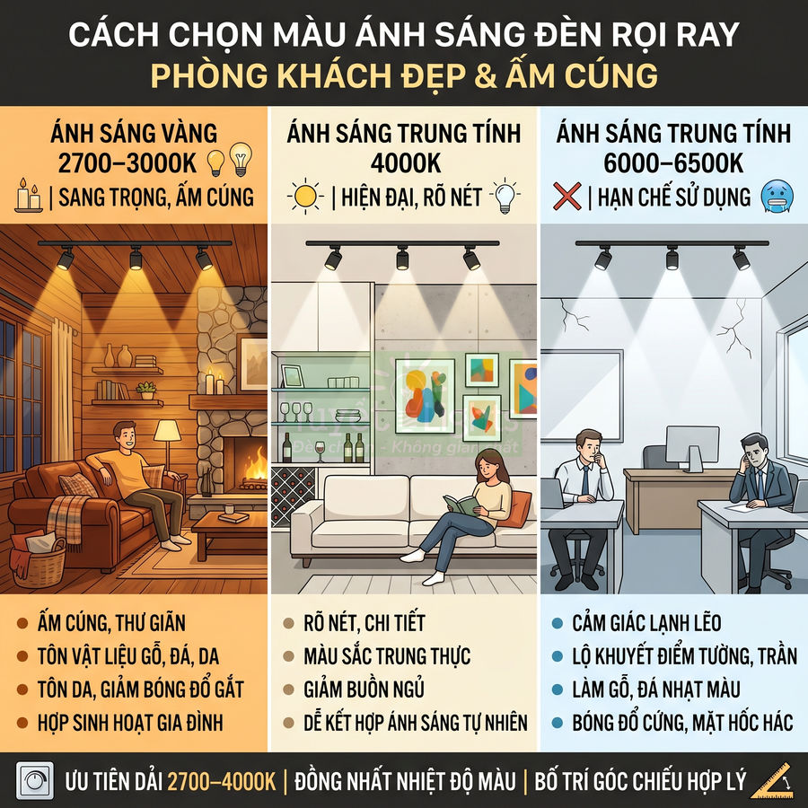 Hướng dẫn chọn màu ánh sáng đèn rọi ray cho phòng khách với ví dụ ánh sáng vàng và trung tính