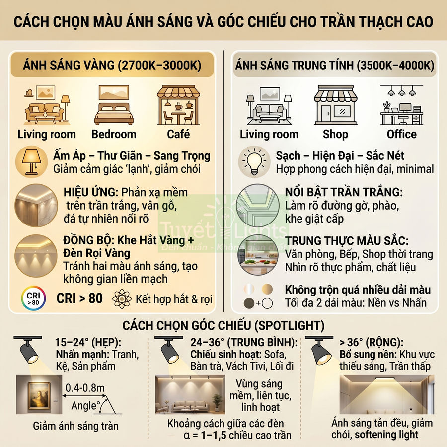 Hướng dẫn chọn màu ánh sáng và góc chiếu đèn spotlight cho trần thạch cao trong phòng khách, văn phòng, cửa hàng