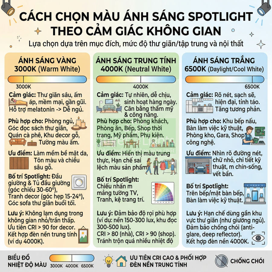 Hướng dẫn chọn màu ánh sáng spotlight 3000K 4000K 6500K theo cảm giác không gian và khu vực sử dụng