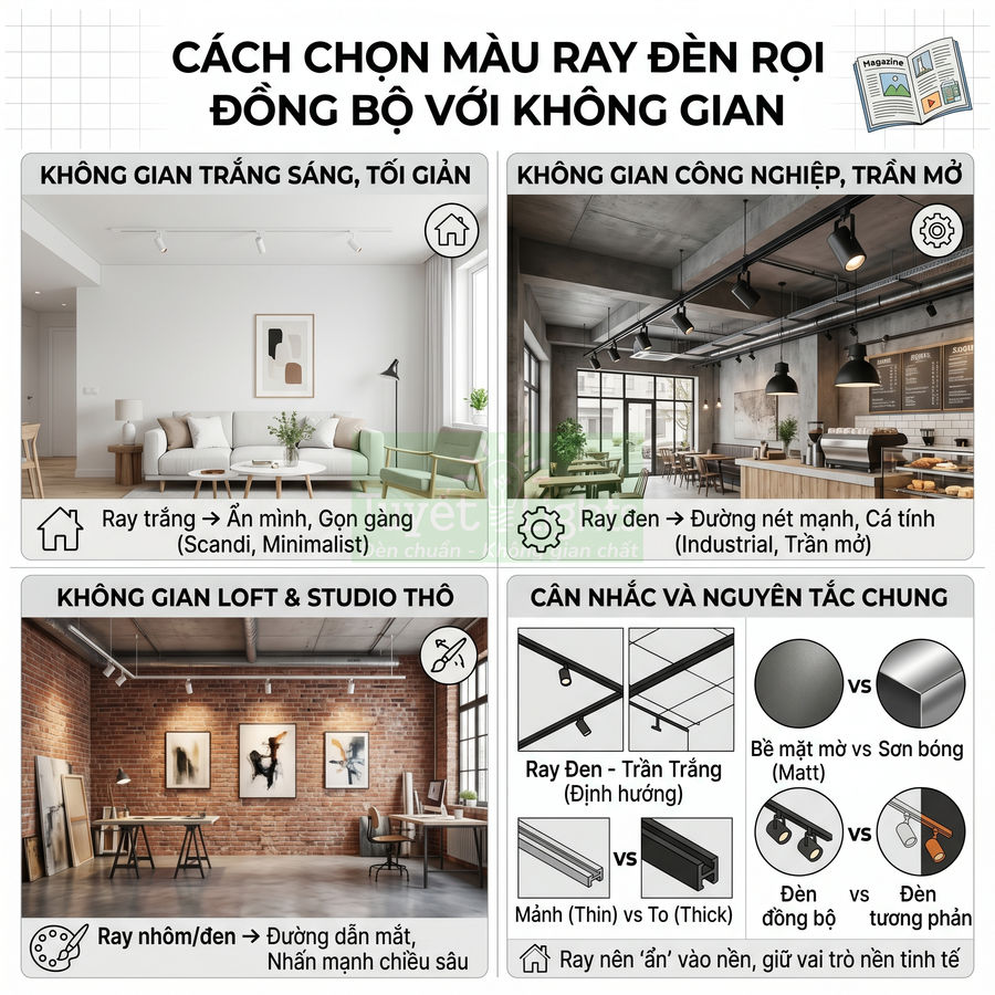 Hướng dẫn chọn màu ray đèn rọi trần cho phòng khách, quán cà phê, không gian loft và nguyên tắc phối màu đồng bộ