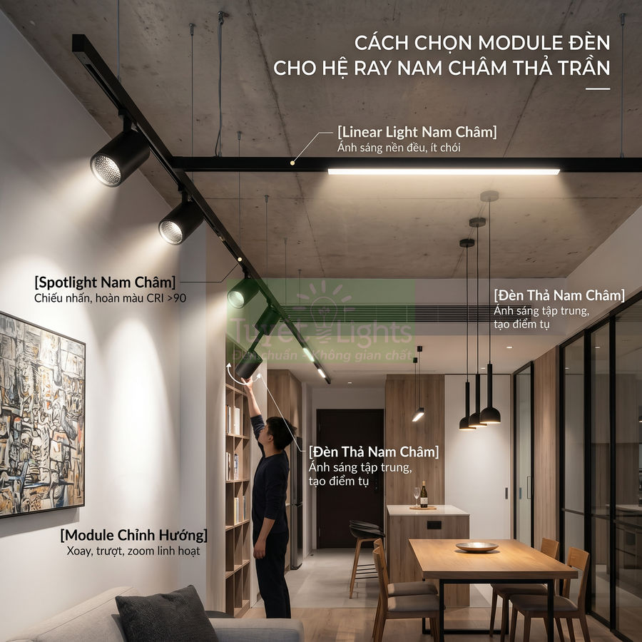 Hệ đèn ray nam châm thả trần với spotlight, linear light và đèn thả chiếu sáng phòng khách hiện đại