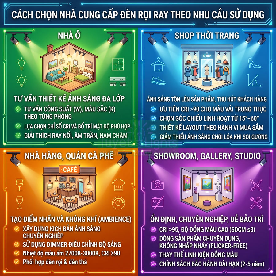 Hướng dẫn chọn nhà cung cấp đèn rọi ray cho nhà ở, shop thời trang, nhà hàng quán cà phê, showroom studio