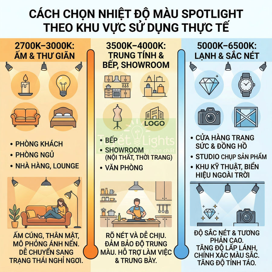 Hướng dẫn chọn nhiệt độ màu đèn spotlight 2700K đến 6500K cho phòng khách, bếp, showroom, cửa hàng trang sức